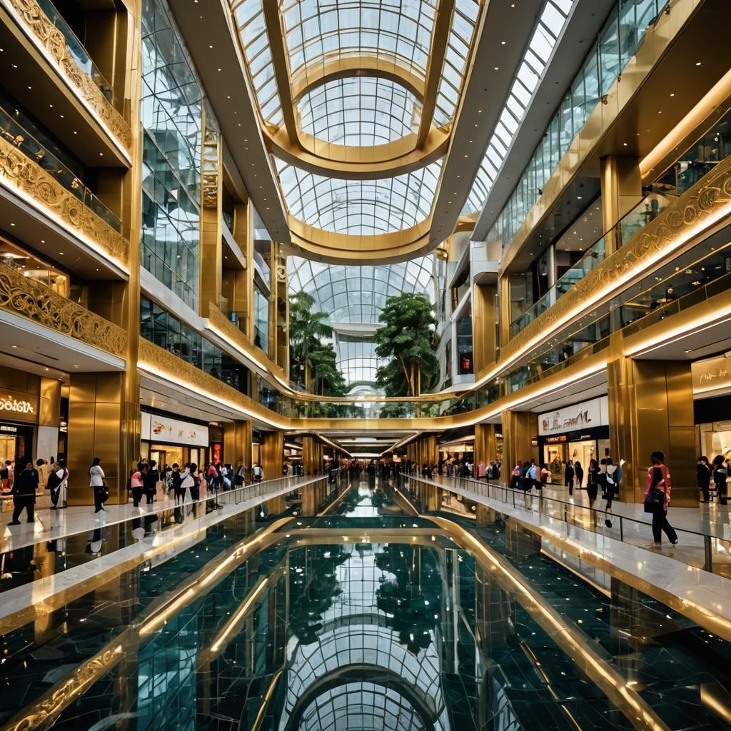 Futuristic Gold Bangkok Mall in Anime Style