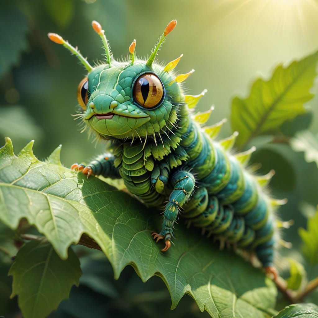 Vibrant Caterpillar Close-up in Digital Art Style