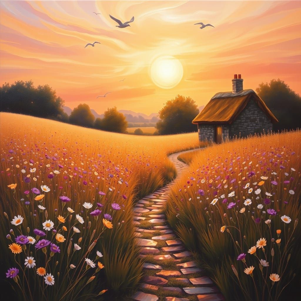 Golden Hour: Impasto Oil Painting of Wildflower Meadow