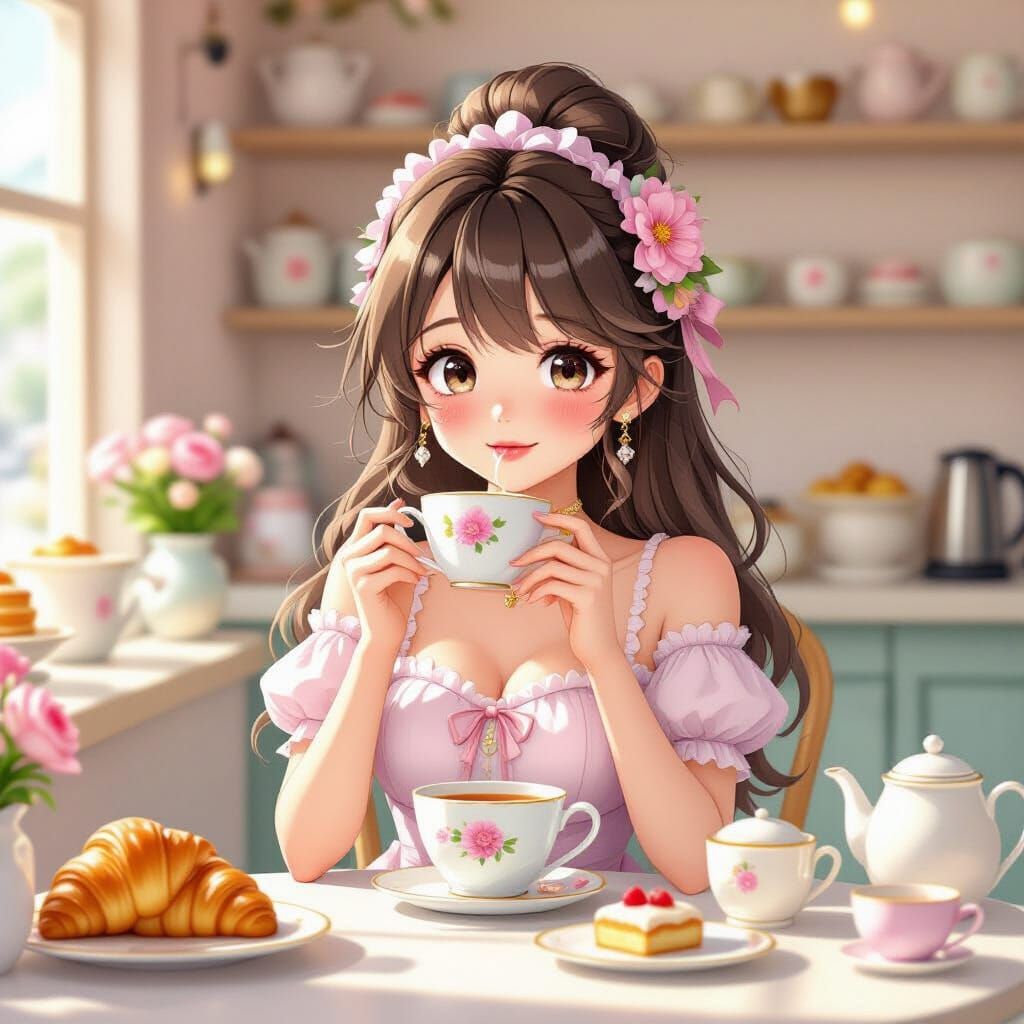 Anime Girl in Kawaii Tea Shop: 3D Anime Art