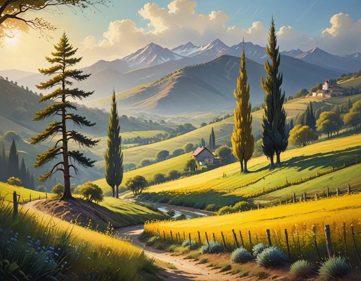 Vibrant Watercolor Landscape with Cypress Trees and Rolling ...