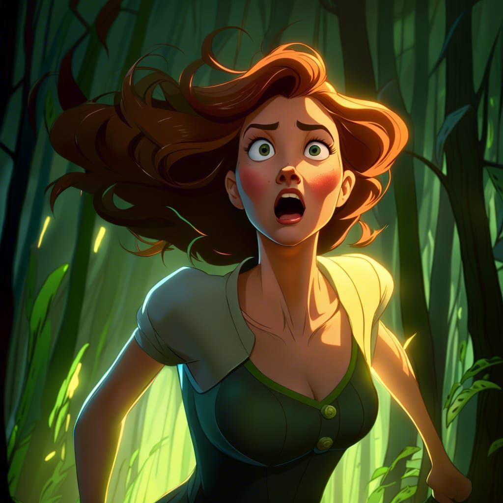 Woman Fleeing Through Wicked Forest in Animated Style