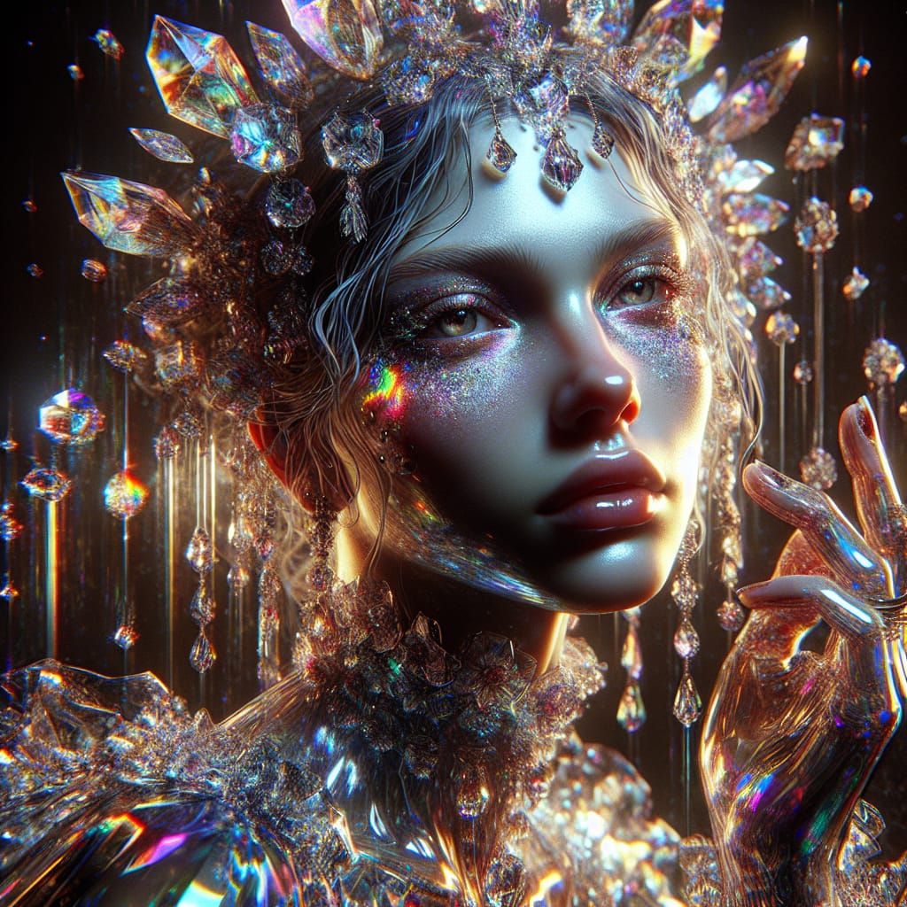 Iridescent Crystal Girl Portrait in Victorian Oil Style