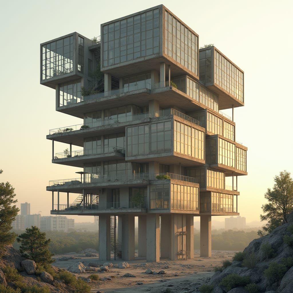 Sustainable Post-Apocalyptic Eco-Brutalist Tower with Futuri...