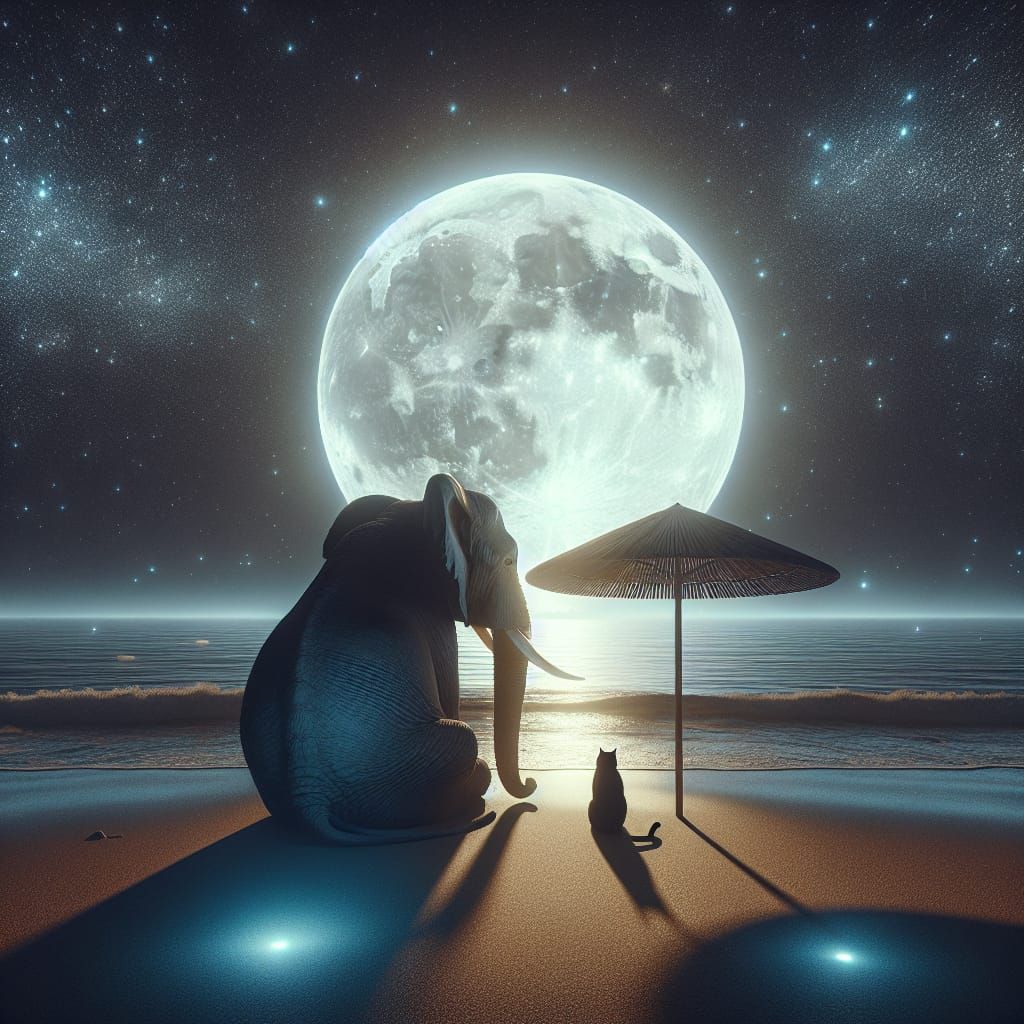 Elephant and Black Cat Share Tranquil Moment Under Starry Ni...
