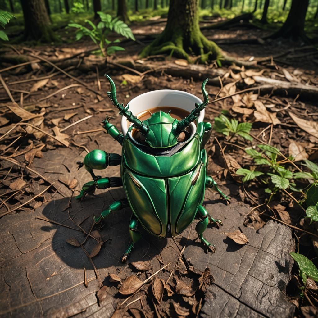 Alien Beetle Hybrid Drinks Coffee: Photorealistic Close-Up