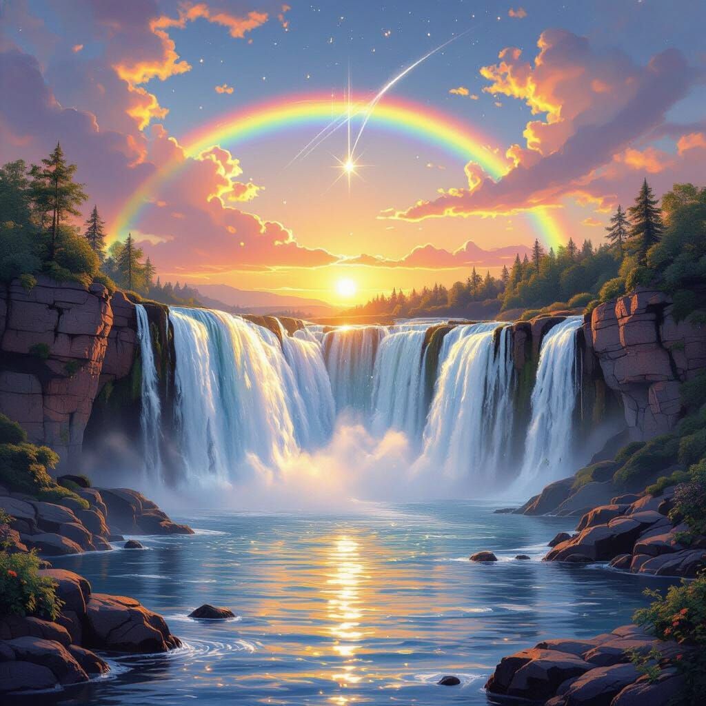 Elegant Waterfall with Rainbow and Shooting Star