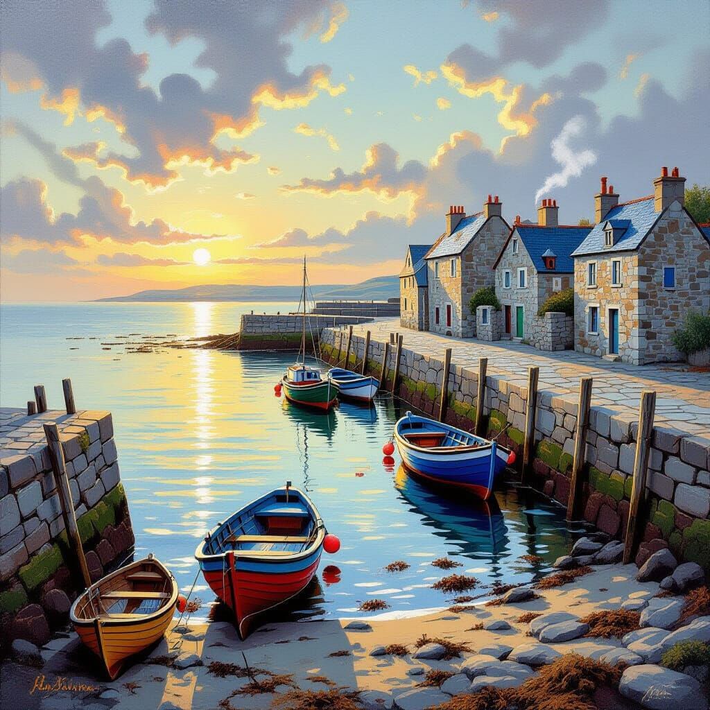 Brittany Harbor at Sunrise: An Oil Painting