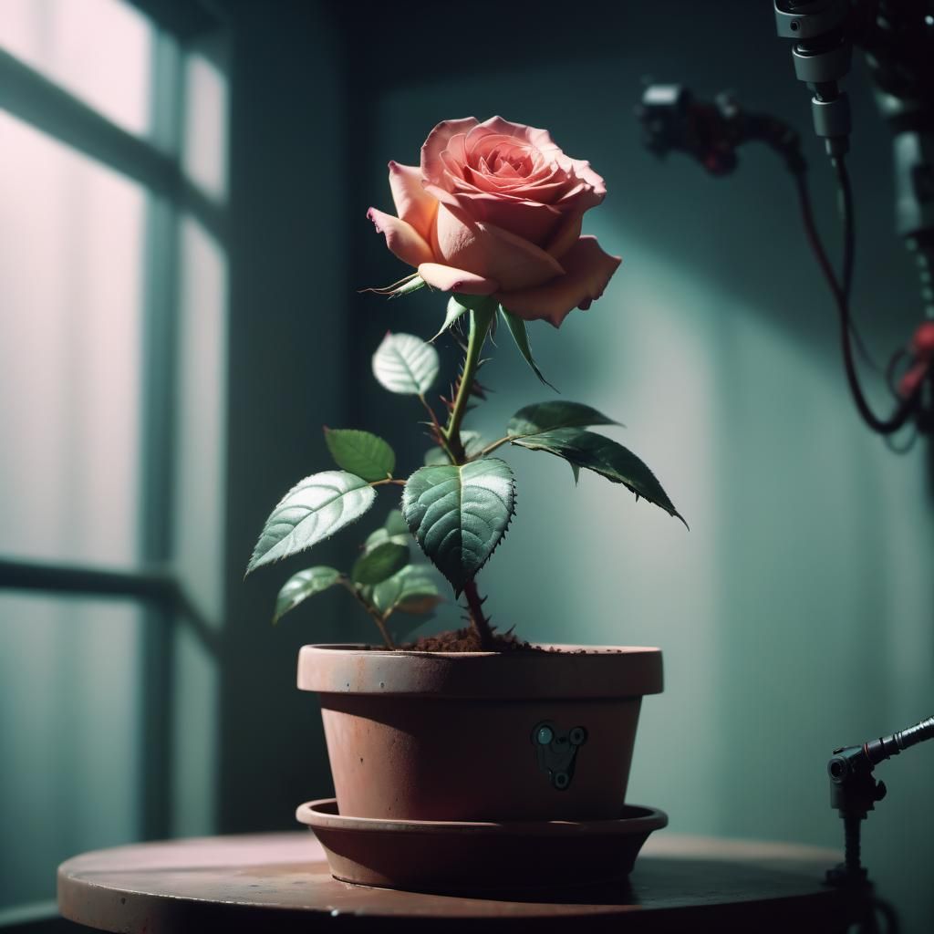Biopunk Rose with Robotic Arm: Cinematic Still