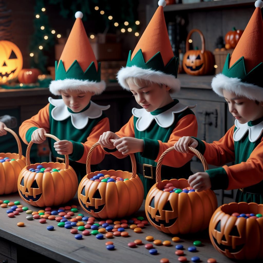 Elves Filling Pumpkin Baskets with Halloween Candy at North ...
