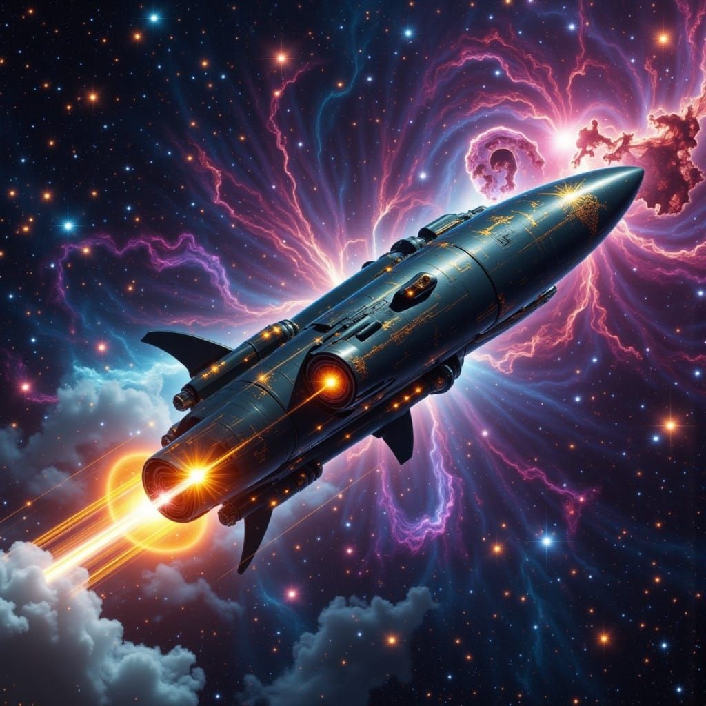 Rocket Ship Soaring Through Star-Filled Cosmos