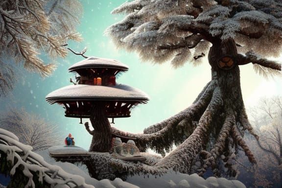 Snowy Bonsai Treehouse Digital Painting