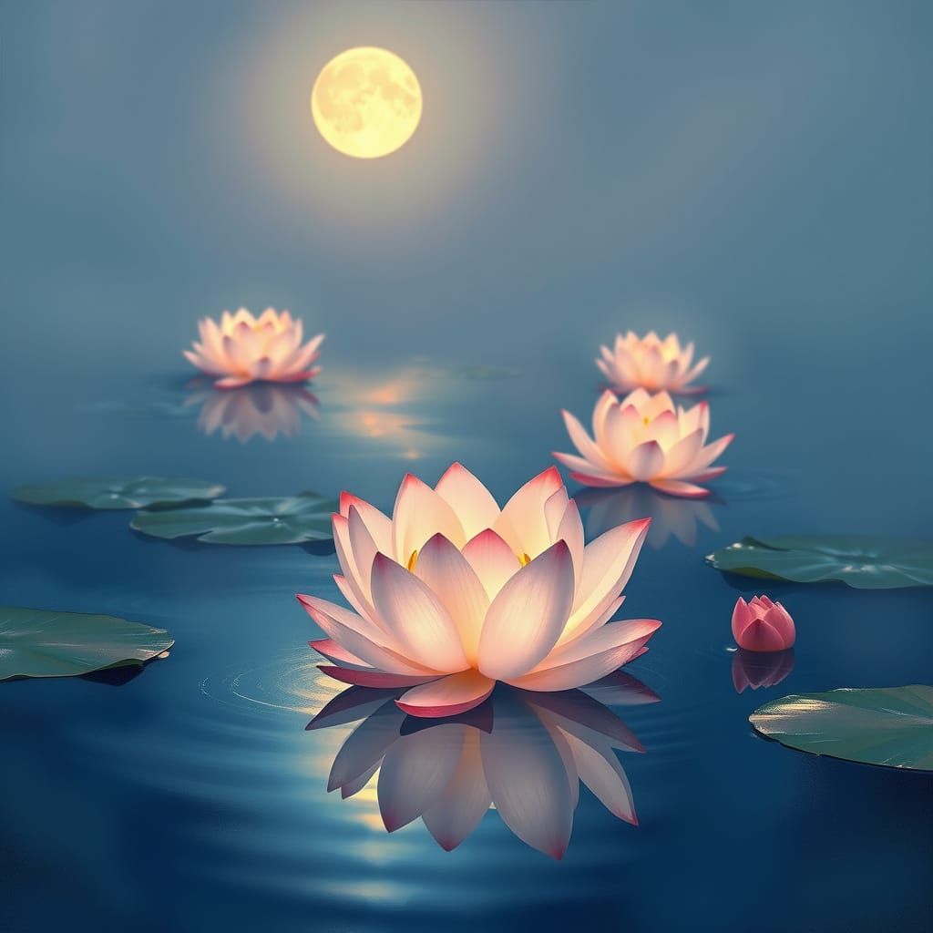 Ethereal Lotus Blooms Under Moonlit Waters