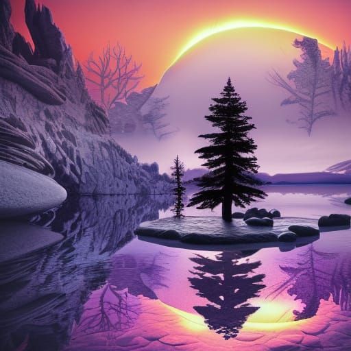 Glowing Purple Tree on Frozen Lake at Sunset