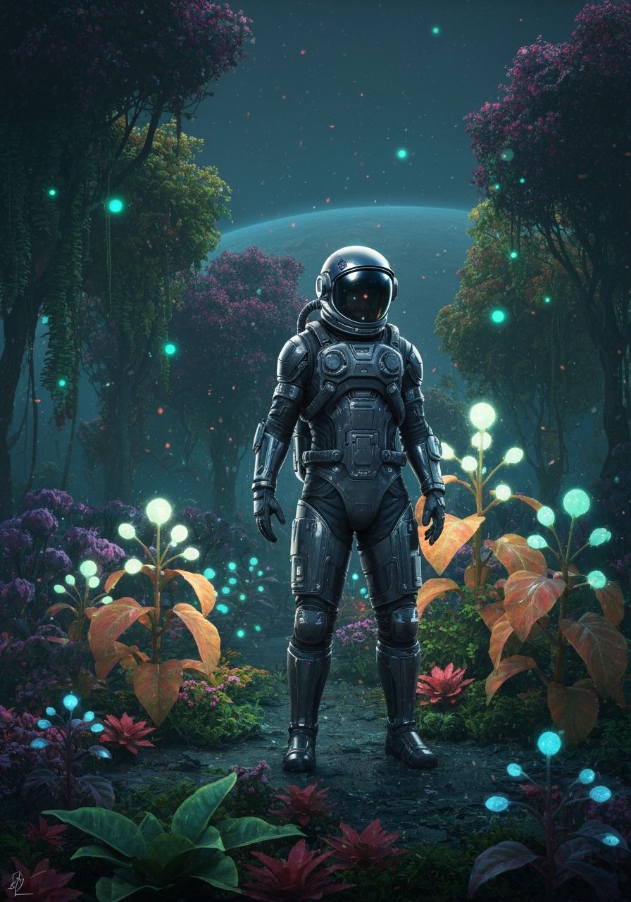 Astronaut Tends Glowing Garden on Alien Exoplanet