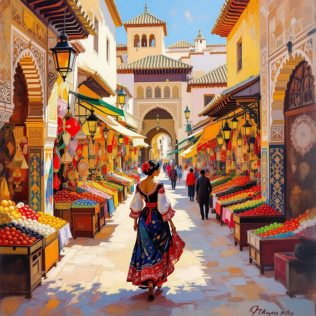 Andalusian Woman in Market, Spanish Art Style