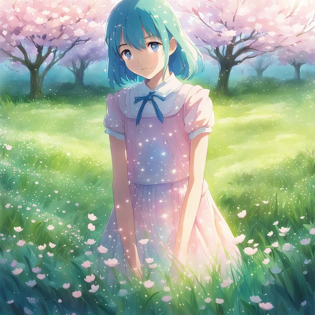 Anime Girl in Meadow, Watercolor Style