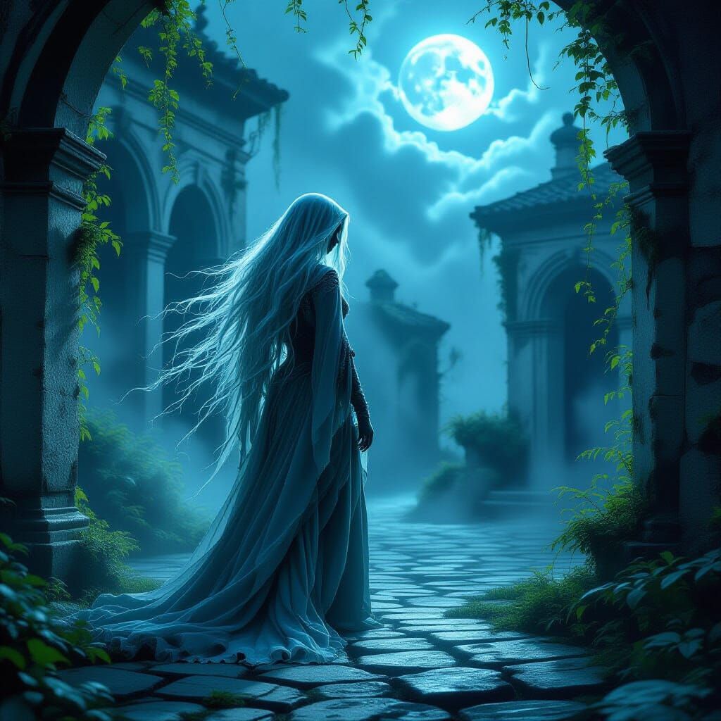 Ethereal Ghost in Moonlit Courtyard
