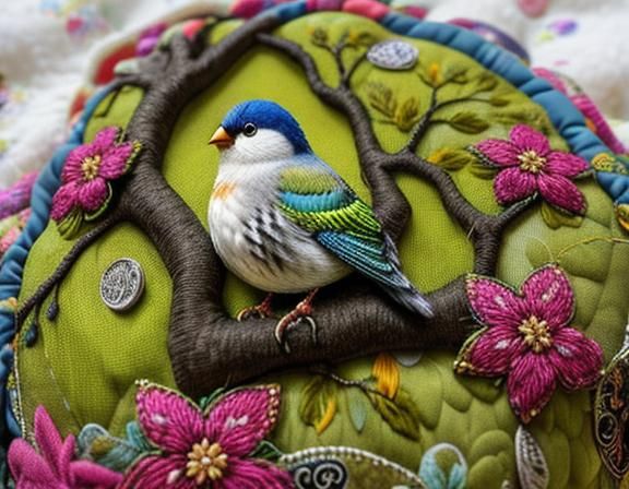 Embroidered Bird on Mossy Branch Quilted Tapestry