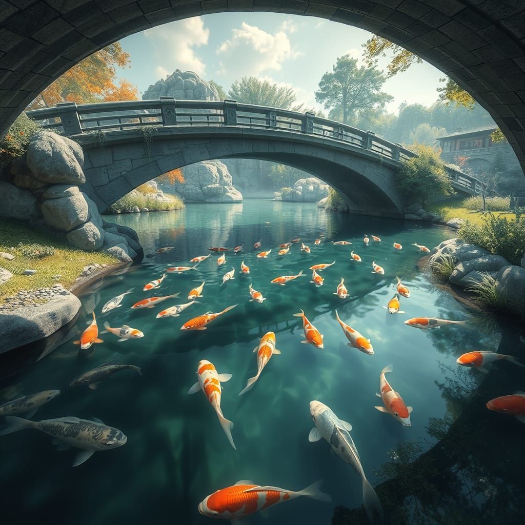Koi Pond Under Bridge in Splash Art Style