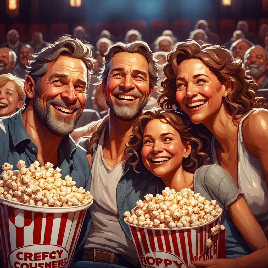 Happy Family at the Cinema: Detailed Art Nouveau Portrait