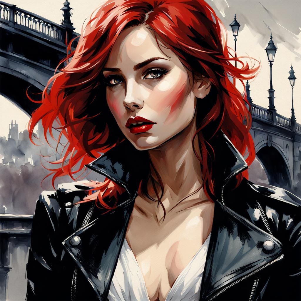 Hazel-Haired Gothic Beauty in Paris, Ink Painting