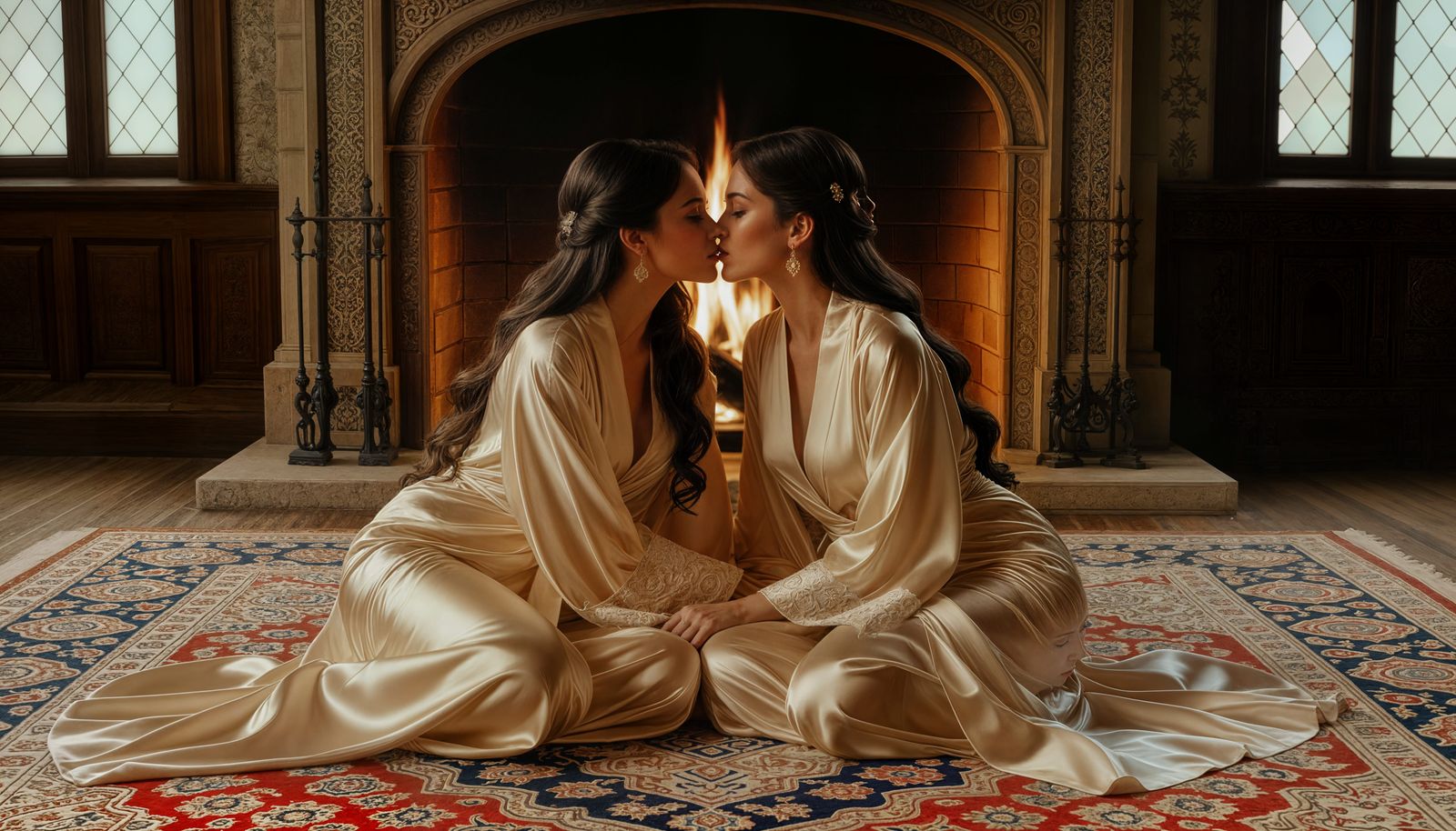Two Women Kissing by Fireplace, Cinematic Film Still