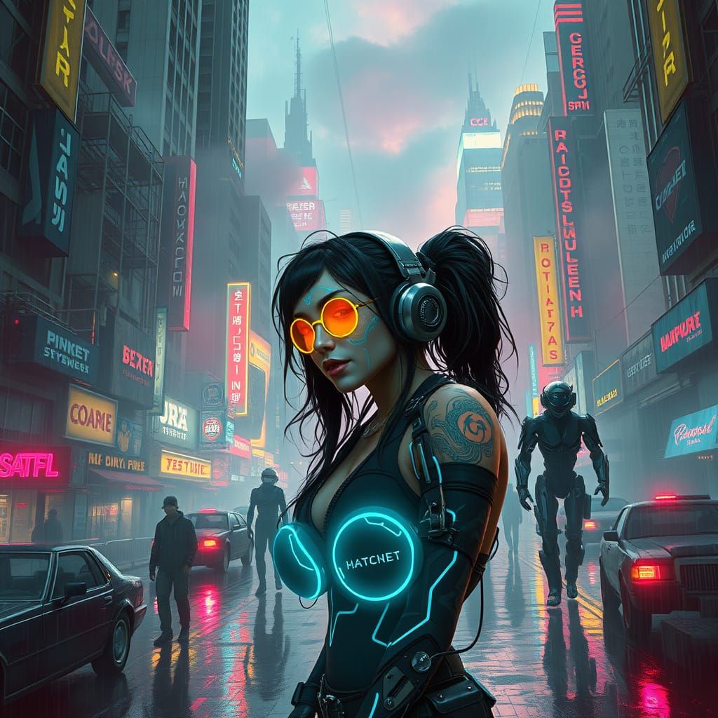 Cyberpunk Hacker Queen in Neon Cityscape