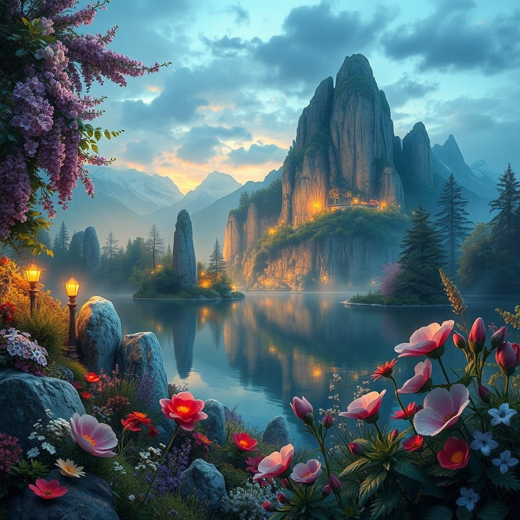 Majestic Landscape with Luminous Flora and Fauna