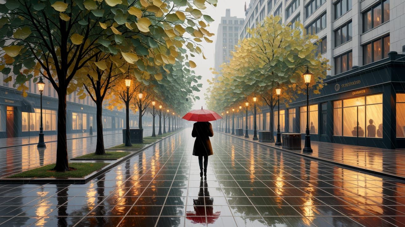 Impressionistic Painting of Rainy City Street in Autumn