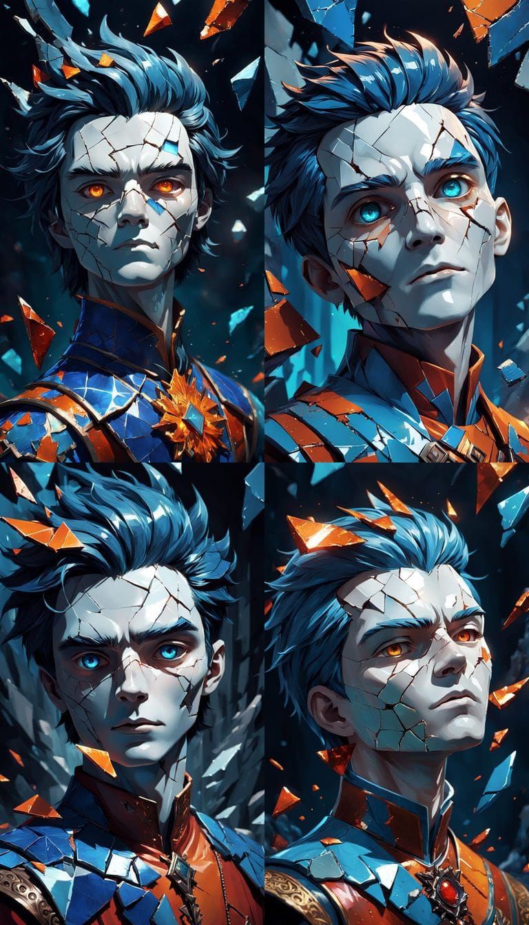 Cracked Porcelain Warrior in Vivid, Clashing Colors