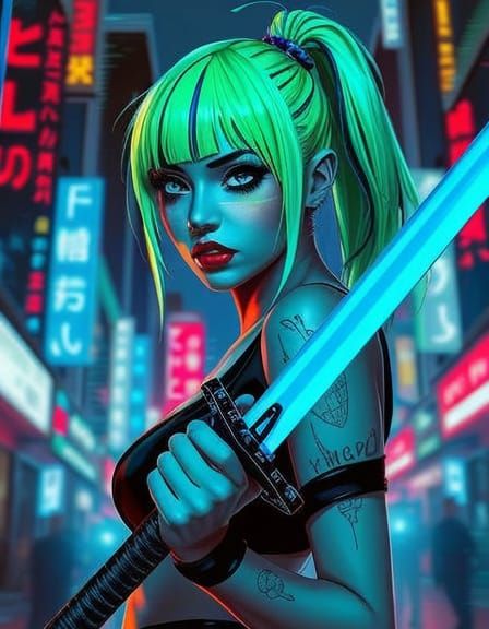 Cyberpunk Warrior with Katana in Glitch Art Style