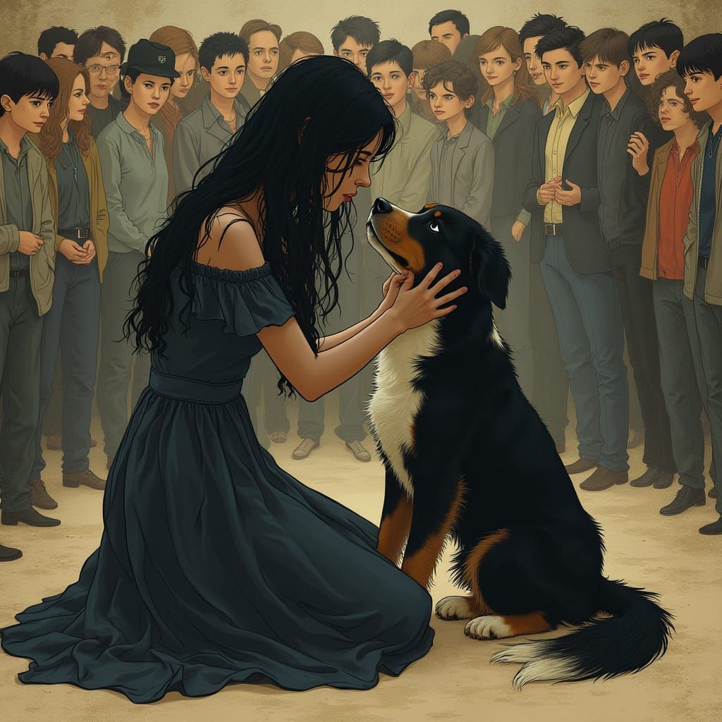 Sorrowful Woman in Art Nouveau Style, Comforted by Fading Do...