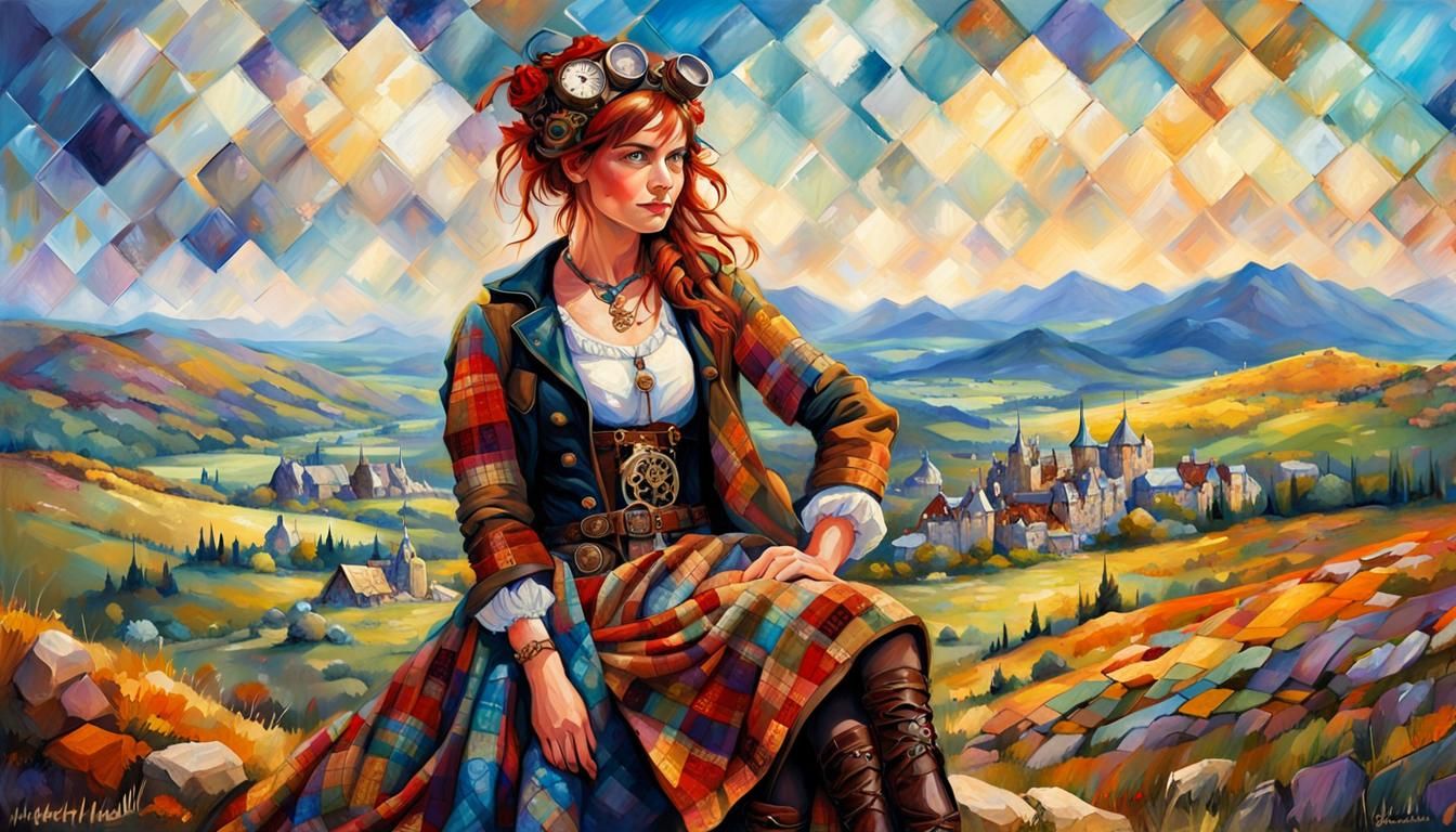 Steampunk Highlander Girl Portrait in Fantasy Landscape
