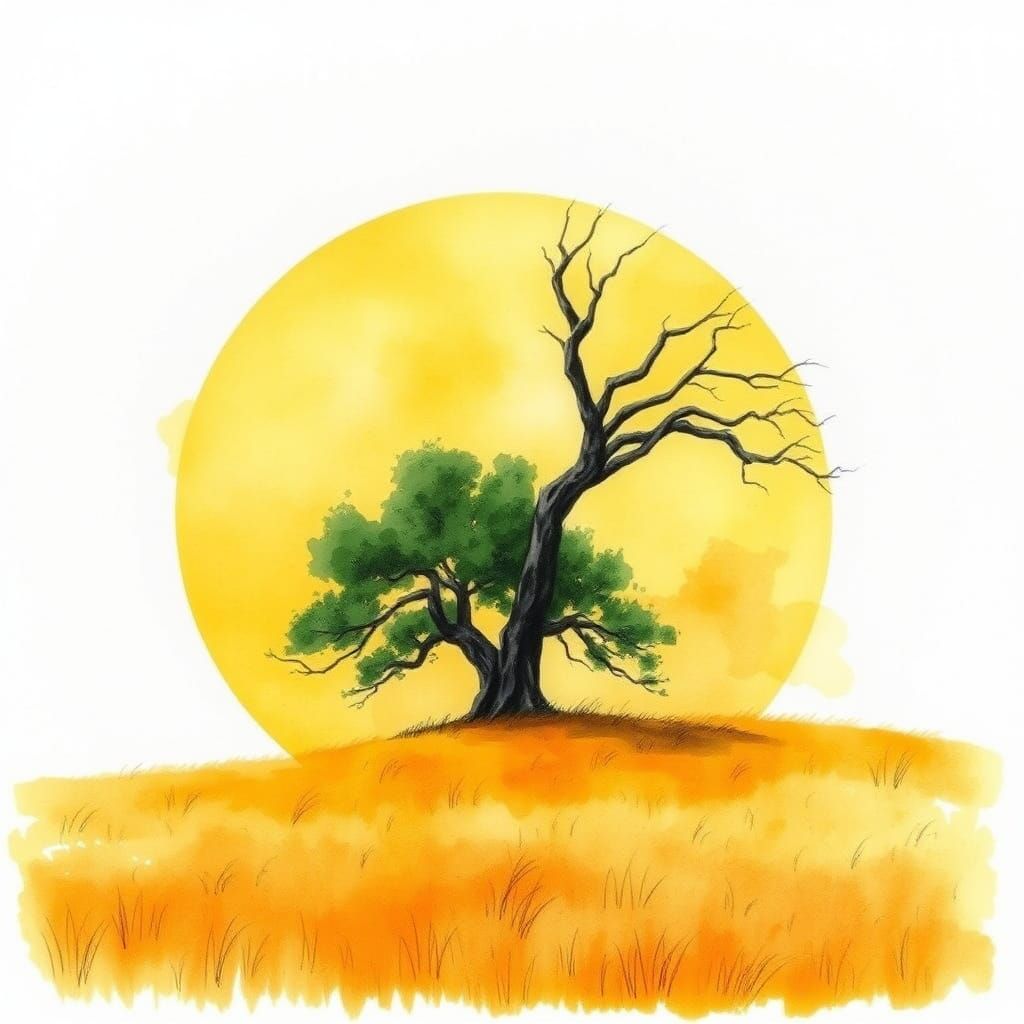 Solitary Old Tree in Watercolor Field