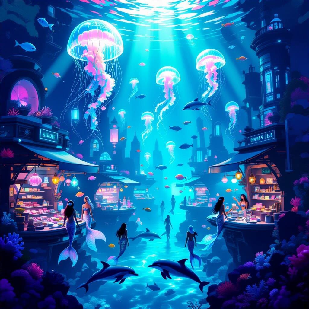 Bustling Underwater Marketplace with Bioluminescent Life