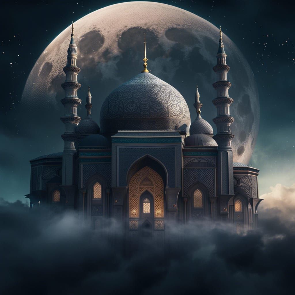 Dramatic Mosque Silhouette Against Moonlit Sky