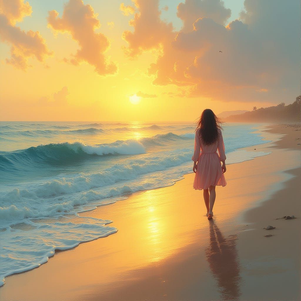 Woman on Shoreline at Dawn in Dreamy Style