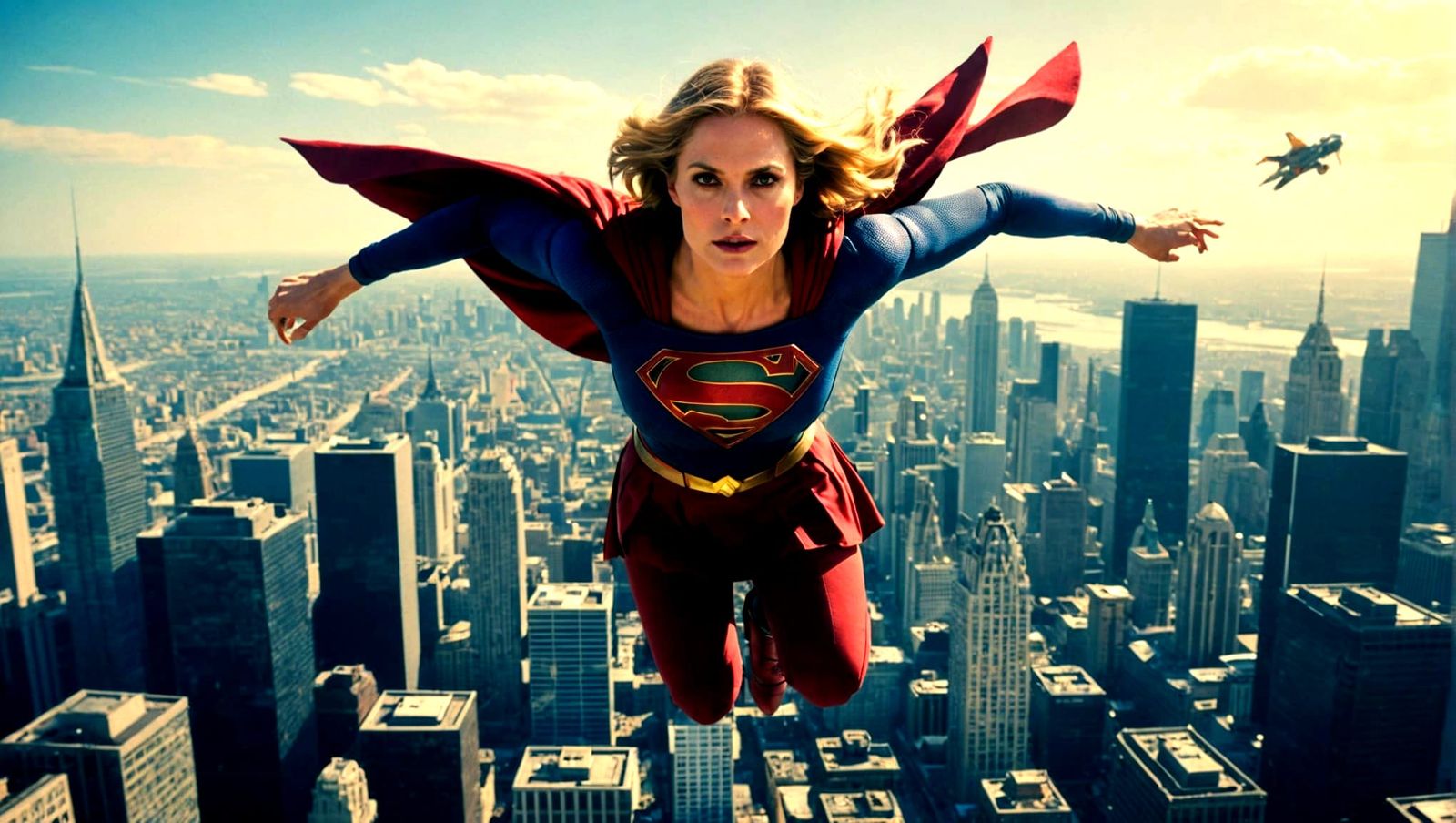 Supergirl Flies Over Metropolis: Cinematic Film Still
