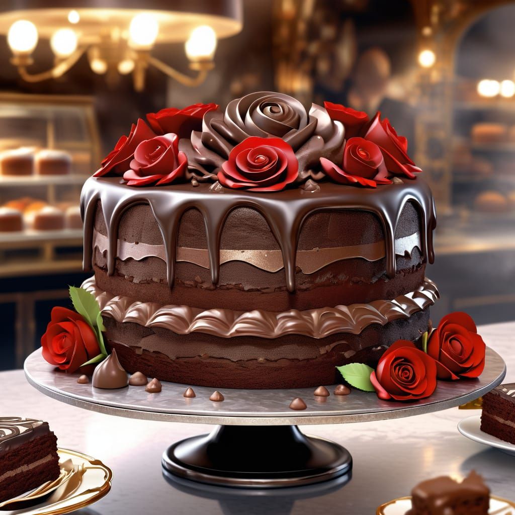 Decadent Chocolate Cake in Art Deco Bakery Display