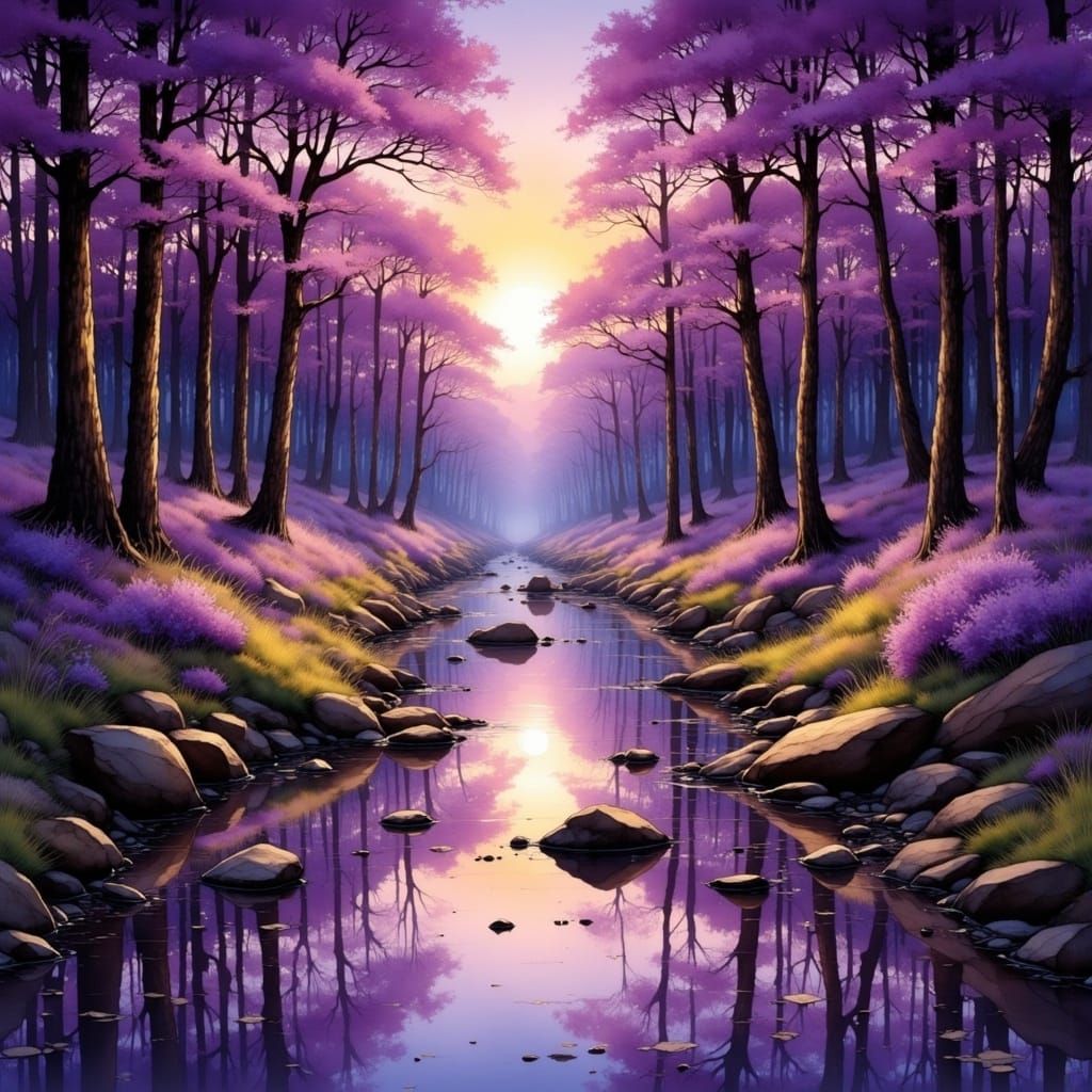 Purple Evening: Creek Reflects Tranquil Forest