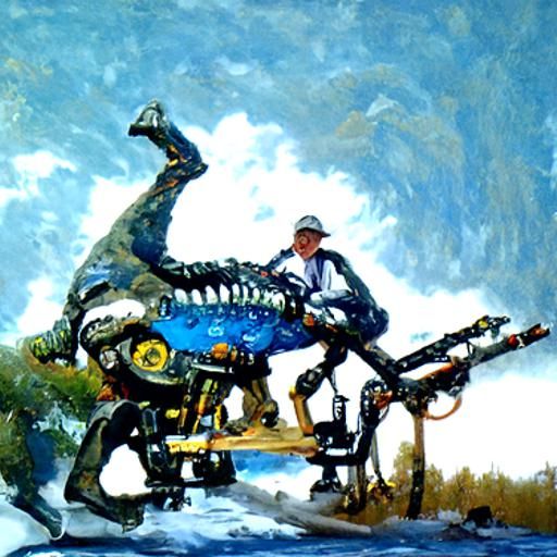 Man Rides Robotic Dinosaur in Oil Painting Style