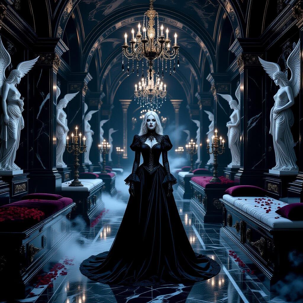 Gothic Crypt Chamber with Solitary Elegant Figure