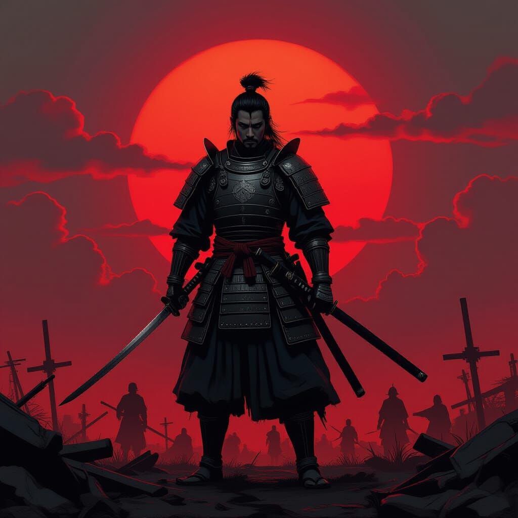 Samurai Silhouette Amidst Crimson Sunset in Dark Fantasy Sty...