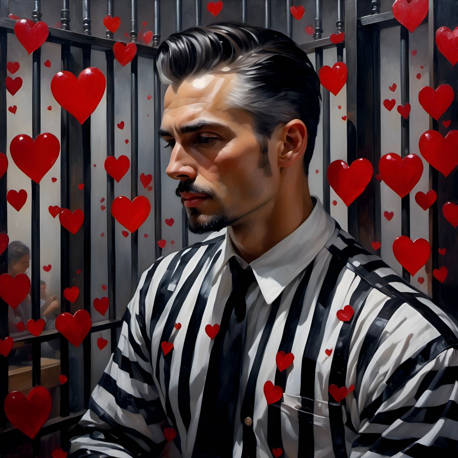 Man in Jail Cell Surrounded by Hearts