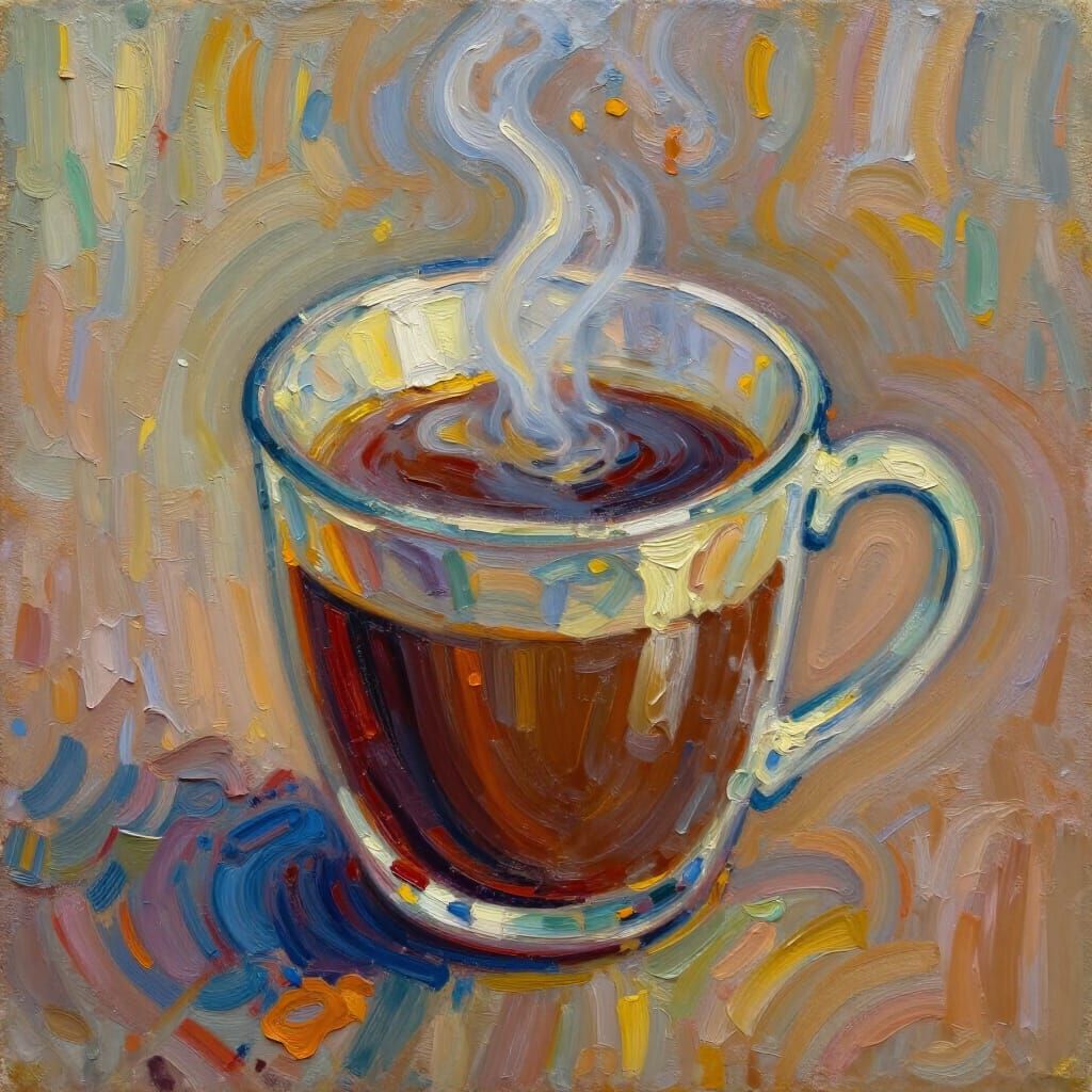 Steaming Coffee Mug in Textured Oil Painting Style