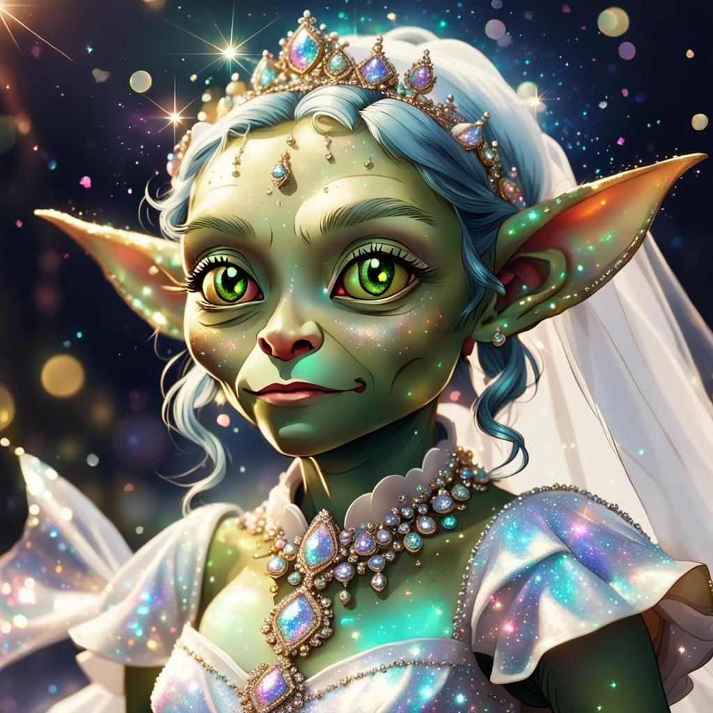 Sparkly Goblin Bride in Holographic Wedding Dress
