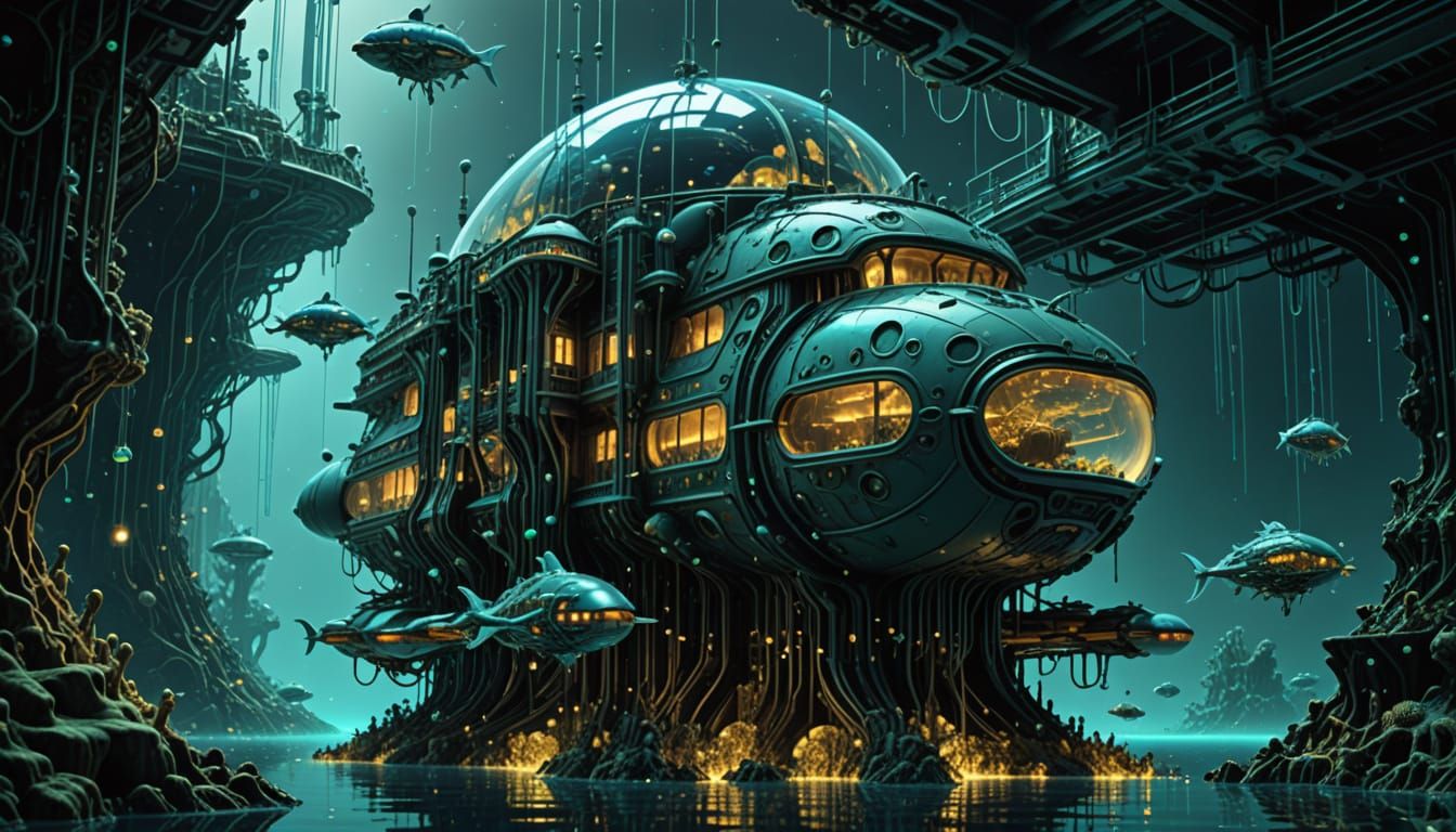 Bioluminescent Marine Arcology in Cyberpunk Style