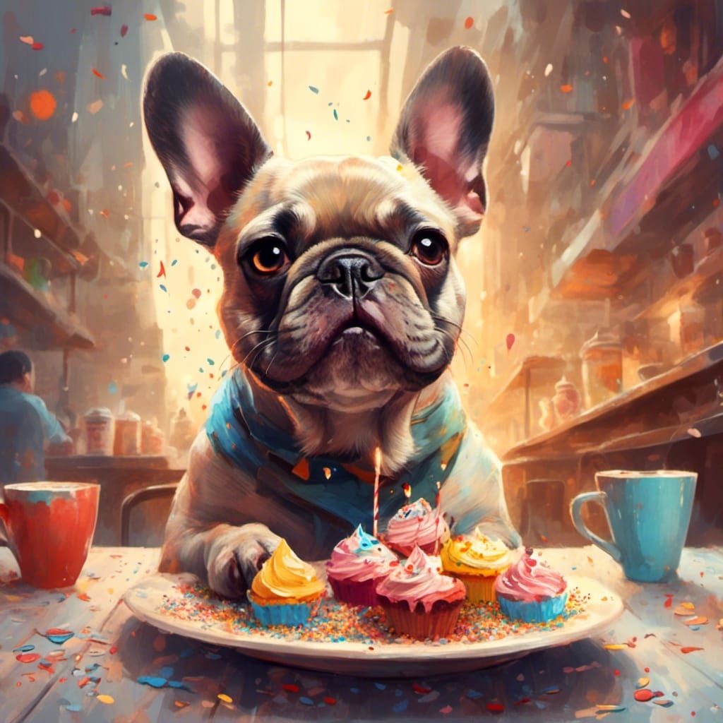 Adorable French Bulldog Puppy with Muffin Cake