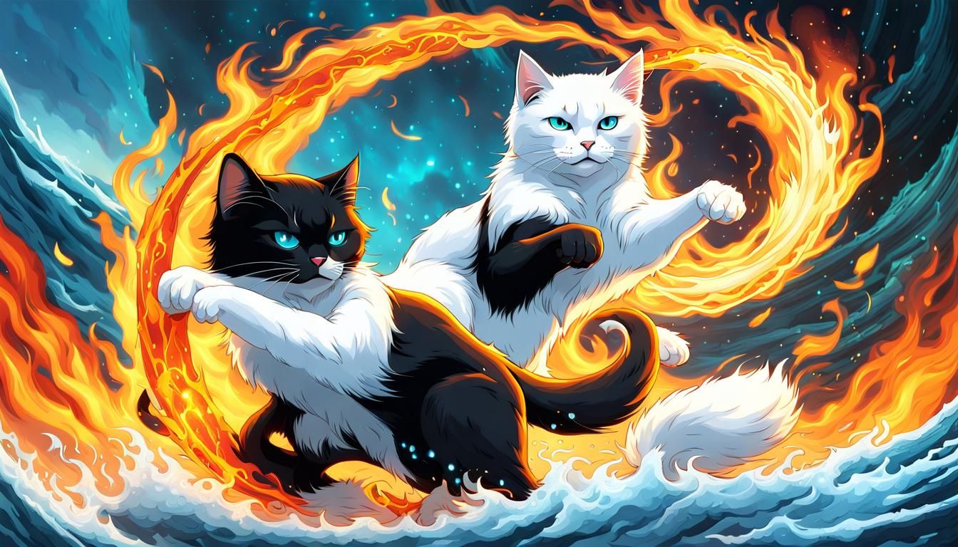 Furry Feline Fire and Water Superheroes Clash in a Swirling...